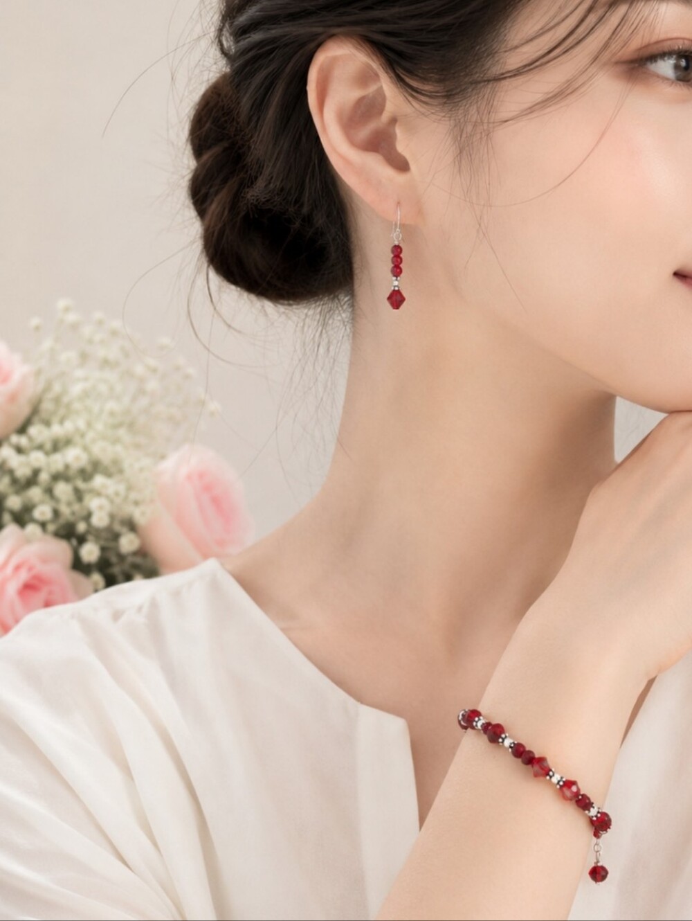 925 Sterling Silver Red Crystal Dangle Earrings Bracelet Set ElegantJewelry Gift
